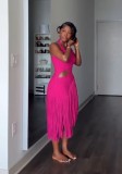 SC Solid Color Knits Short Sleeve Tassel Midi Dress GKYS-3087