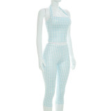 SC Plaid Print Halterneck Top Seventh Pants Suit GSZM-C26ST238