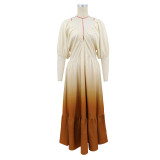 SC V Neck Puff Sleeve Gradient-Color Maxi Dress GYLY-11265