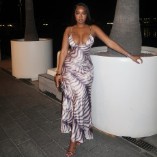 SC Stripe Print Sling Backless Maxi Dress GJYO-JD305571