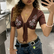 SC Lace Tie Up Short Sleeve Crop Top GPKJ-MR49447