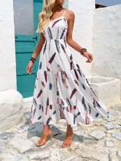 SC Feather-Print Spaghetti Straps Long Dress GYLY-10611
