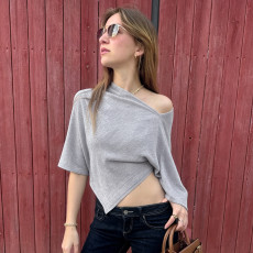 SC Solid Color Slash Shoulder Irregular T Shirt GPKJ-MR49444
