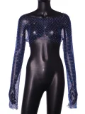 SC Fishnet Hollow Out Long-Sleeve Rhinestone T-Shirt GZYY-20537