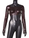 SC Fishnet Hollow Out Long-Sleeve Rhinestone T-Shirt GZYY-20537