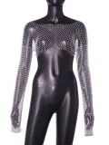 SC Fishnet Hollow Out Long-Sleeve Rhinestone T-Shirt GZYY-20537