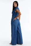 SC Short-Sleeve Single-Breasted Button Denim Jumpsuit LX-3590