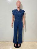 SC Short-Sleeve Single-Breasted Button Denim Jumpsuit LX-3590