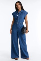 SC Short-Sleeve Single-Breasted Button Denim Jumpsuit LX-3590