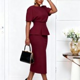 SC Plus Size Solid Color Short Sleeve Ruffles Midi Dress GATE-638