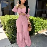 SC Puff-Sleeve Crop Top Ruffles Pants 2 Piece Set HNIF-YM075