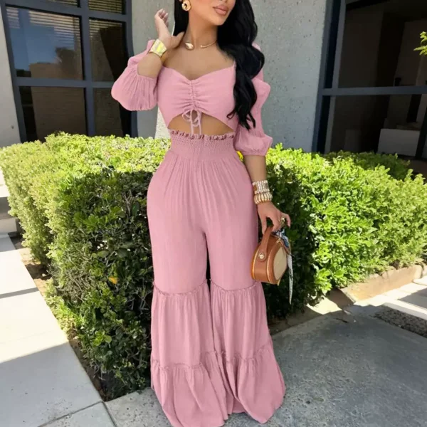 SC Puff-Sleeve Crop Top Ruffles Pants 2 Piece Set HNIF-YM075