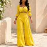 SC Puff-Sleeve Crop Top Ruffles Pants 2 Piece Set HNIF-YM075