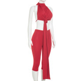 SC Solid Color Twisted Top Seventh Pants Suit GSZM-D26ST269