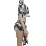 SC Stripe Long Sleeve T Shirt Short 2 Piece Set XEF-K6S13039A