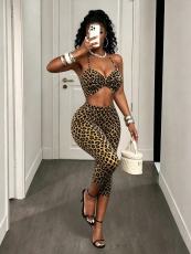 SC Leopard Print Halterneck Top Seventh Pants Suit GFCF-1505