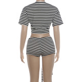 SC Stripe Long Sleeve T Shirt Short 2 Piece Set XEF-K6S13039A