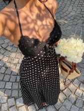SC Polka Dot Print V Neck Lace Maxi Dress GXIY-K26L2736