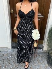 SC Polka Dot Print V Neck Lace Maxi Dress GXIY-K26L2736