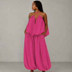 SC Plus Size Solid Color Sling Loose Backless Pants Suit NNWF-8193