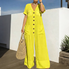 SC Plus Size Solid Color Short Sleeve Casual Jumpsuit NNWF-8175