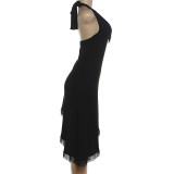 SC Halterneck Backless Tassel Irregular Dress DLSF-K6D12056A