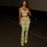 SC Stripe Print U Neck Halterneck Pant Suit GJYO-JS919186