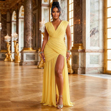 SC Solid Color Ruched V Neck Maxi Dress GJYO-JD305606