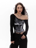 SC Print Slash Neck Long Sleeve Tops GXIY-K25L1366