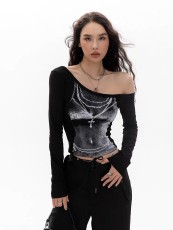 SC Print Slash Neck Long Sleeve Tops GXIY-K25L1366
