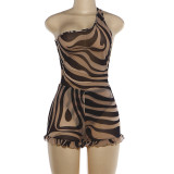 SC Print Slash Shoulder Mesh Top Two Piece Shorts Set DLSF-K6S12949A