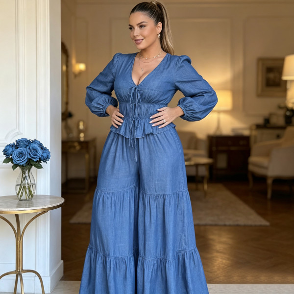 SC Plus Size Bubble Sleeve Drawstring Top Wide Leg Pants Suit QMZF-21195