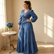 SC Plus Size Bubble Sleeve Drawstring Top Wide Leg Pants Suit QMZF-21195