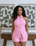 SC Lapel Sleeveless Solid Two Piece Shorts Set SFY-2816