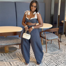 SC Sexy Patchwork Tie Up Wide Leg Pant Suit GQLK-6626-1