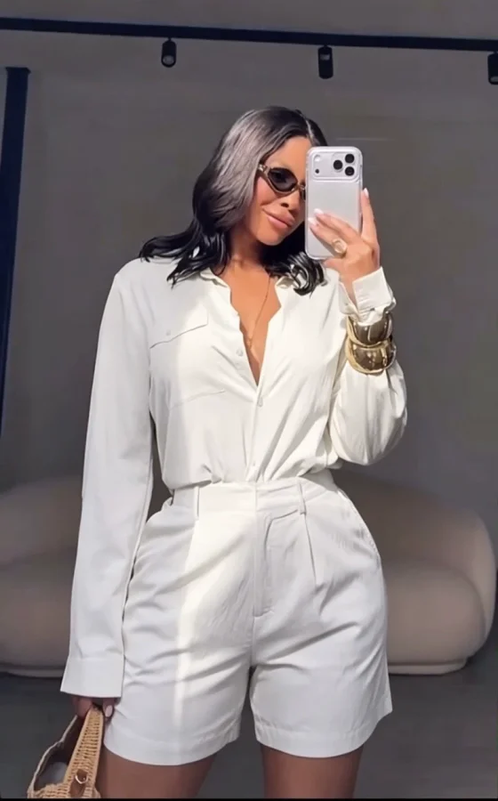 SC Long Sleeve Solid Shirts Two Piece Short Set GMYU-11322