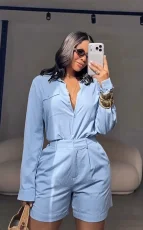 SC Long Sleeve Solid Shirts Two Piece Short Set GMYU-11322