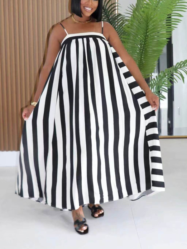 SC Stripe Contrast Color Sling Maxi Dress ZDF-33532
