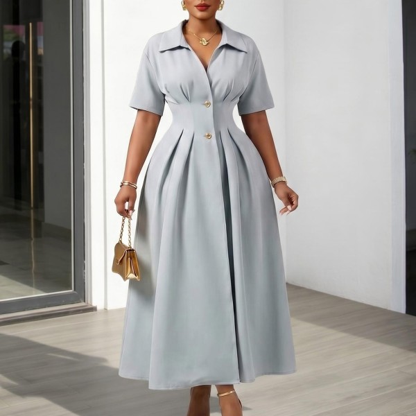 SC Plus Size Short Sleeve Lapel Midi Dress GATE-639