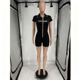 SC Letter Print Zipper Short Sleeve Romper FOSF-8869