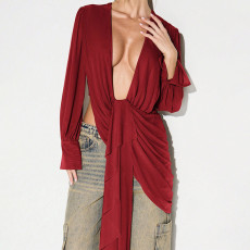 SC Deep V Neck Pleated Backless Tops GDSF-Q26TP135