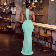 SC V Neck Halterneck Tie Up Maxi Dress YF-11083