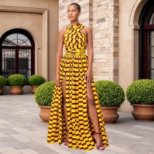 SC Single Shoulder Print Split Maxi Dress YF-60024