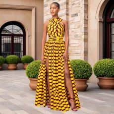 SC Single Shoulder Print Split Maxi Dress YF-60024