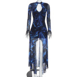 SC Print Mesh Long Sleeve Hollow Out Maxi Dress GDSF-D26DS267