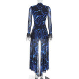 SC Print Mesh Long Sleeve Hollow Out Maxi Dress GDSF-D26DS267