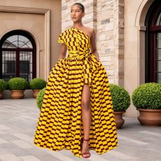 SC Single Shoulder Print Split Maxi Dress YF-60024