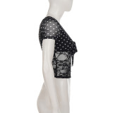 SC Polka Dot Print Lace Patchwork V Neck T Shirt GPKJ-MR49646