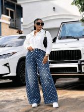 SC Plus Size Polka Dot Print Embroidered Jeans GYLN-0086