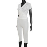 SC V Neck Solid Color Ruched Two Piece Pants Set GDSF-J26ST316